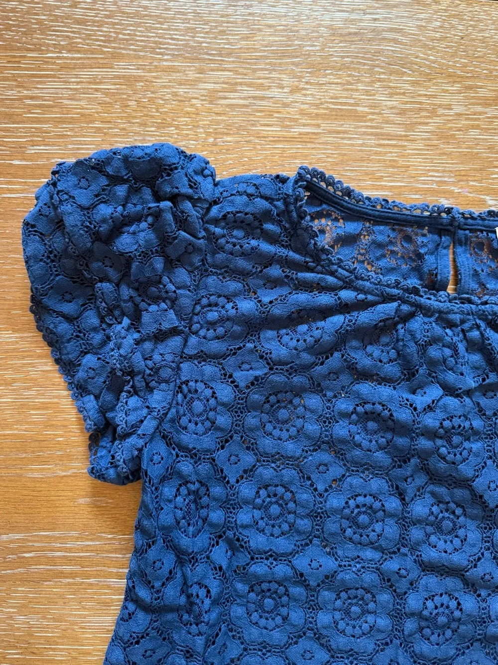 LOFT Navy Floral Lace Short-Sleeve Blouse